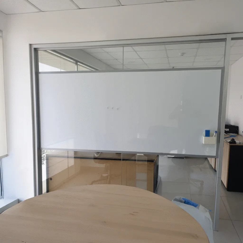 Instalación de pizarra brillante sobre vidrio en oficina
